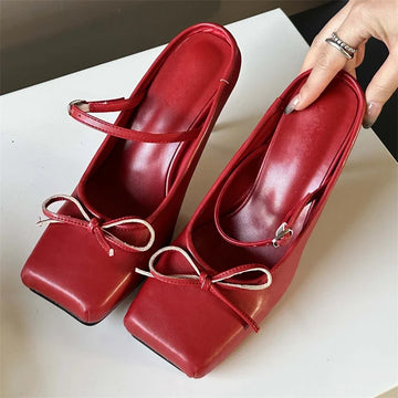 Xajzpa Bowknot Square Toe Women Slippers Pumps Sexy Buckle Strap Thin Heels Banquet Prom Mule Shoes
